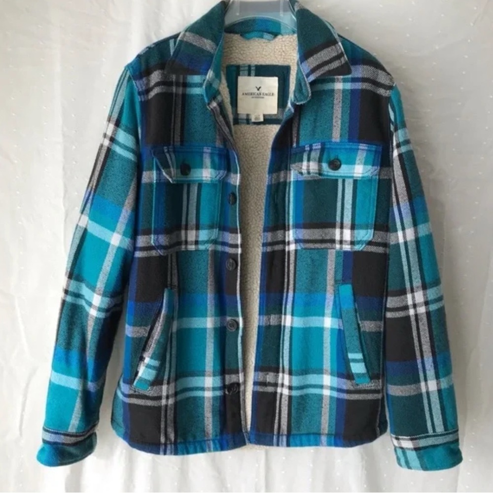 American Eagle Outfitters Teal Plaid Sherpa-Lined Shirt Jacket